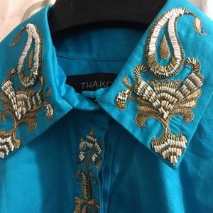 Thakoon Turquoise Embellished Short Sleeve Blouse